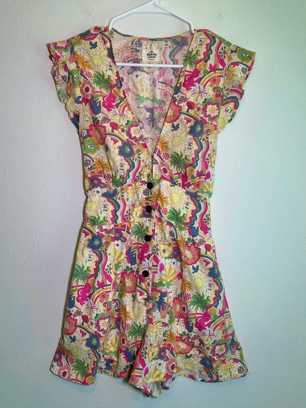 Marine Layer Camila Hemp Blend Romper M Floral Retro Groovy Mushrooms Rainbow